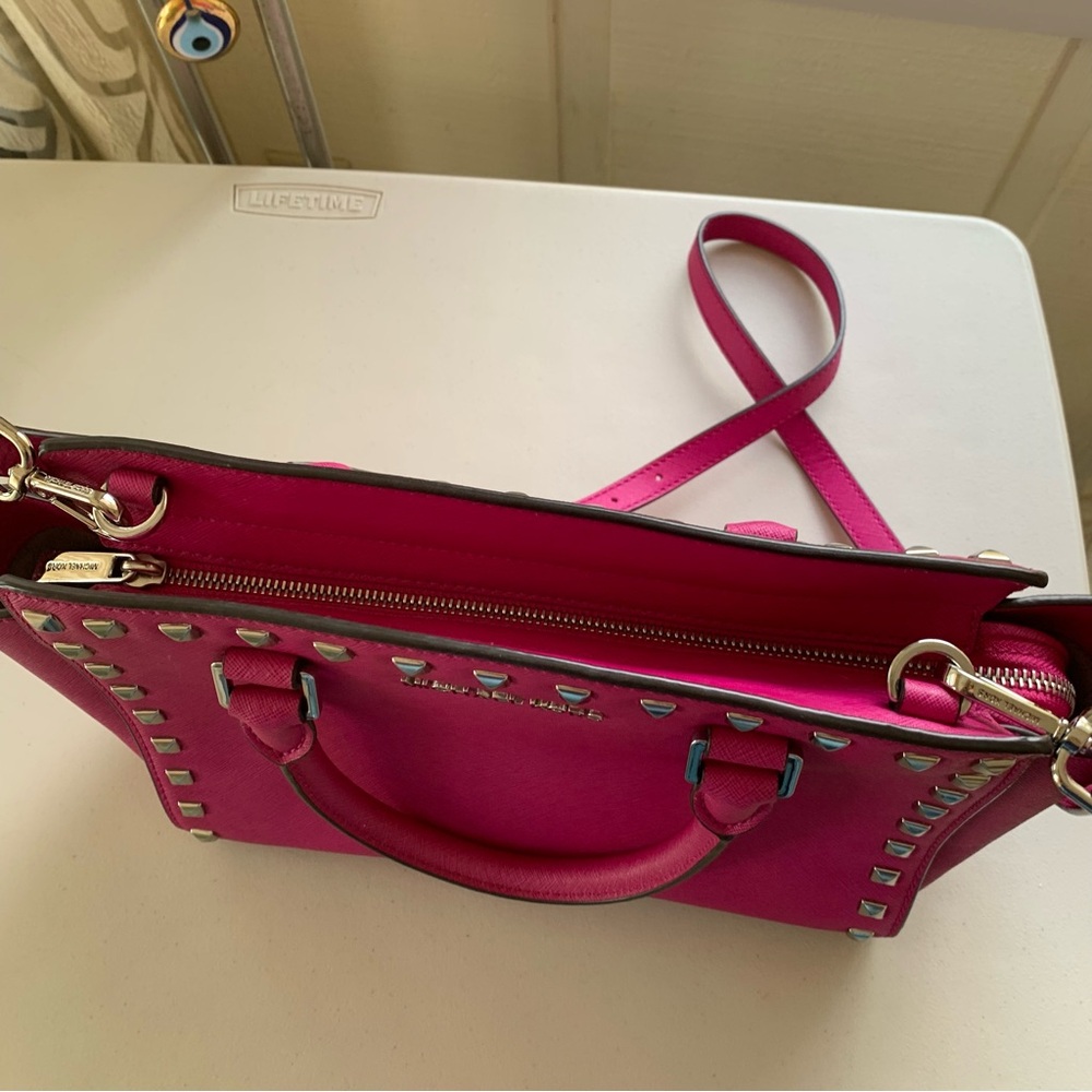 Michael Kors Fuchsia Pink Leather Medium Size Studded Satchel - Picture 7 of 12